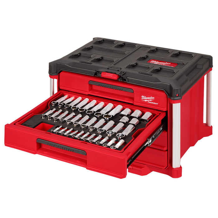 Milwaukee 242pc. 1/4”, 3/8”, & 1/2” Drive Metric & SAE Ratchet & Socket Set w/ PACKOUT 4-Drawer Tool Box