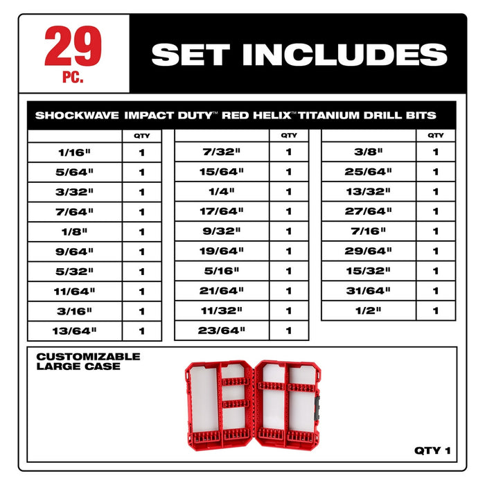 Milwaukee 29 pc. SHOCKWAVE Impact Duty™ RED HELIX™ Titanium Drill Bit Set