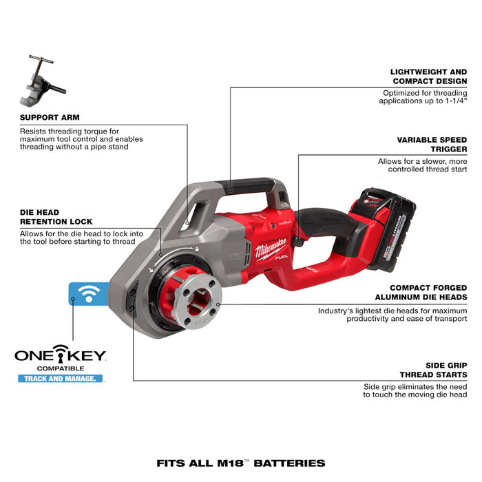 Milwaukee M18 FUEL ONE-KEY Cordless Compact Pipe Threader w/ 1/2 - 1-1/4" NPT Forged Aluminum Die Heads