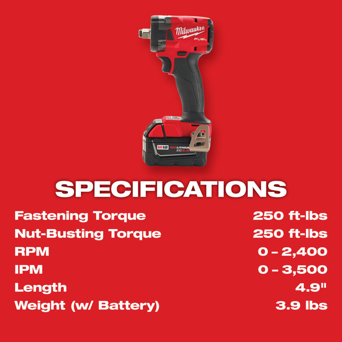 Milwaukee M18 FUEL™ 1/2" Compact Impact Wrench Kit w/ Pin Detent