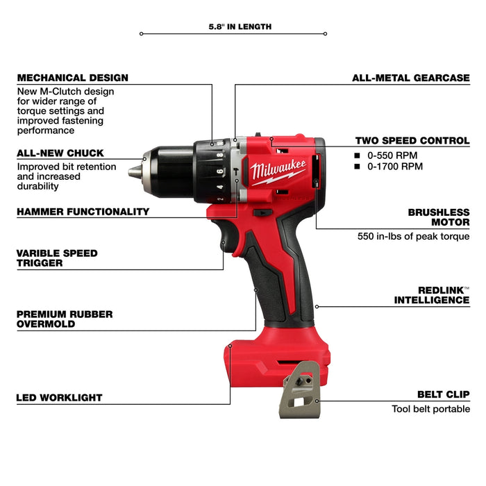 Milwaukee M18 Compact Brushless 1/2" Hammer Drill/Driver - Tool Only
