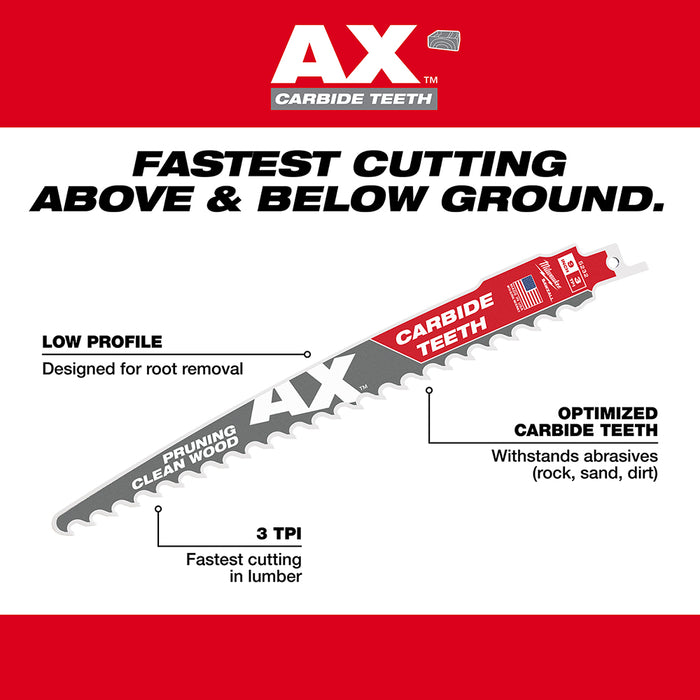 Milwaukee AX™ 12" 3 TPI The w/ Carbide Teeth For Pruning & Clean Wood SAWZALL® Blade