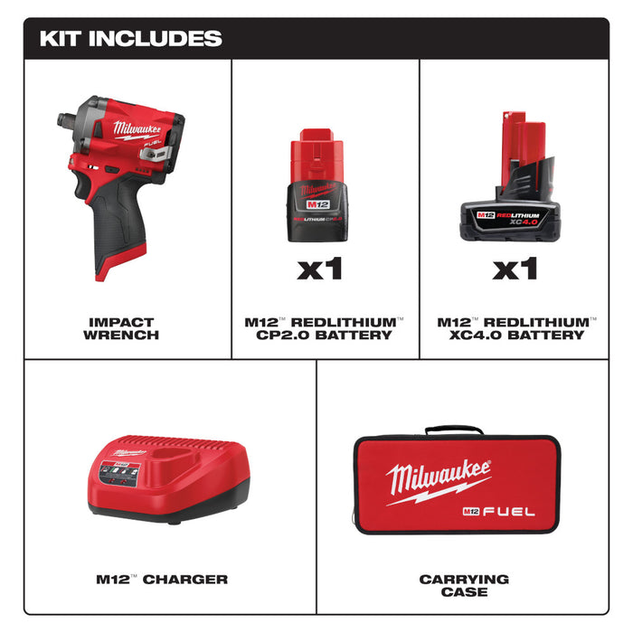 Milwaukee M12 FUEL Cordless Stubby 1/2" Impact Wrench Kit