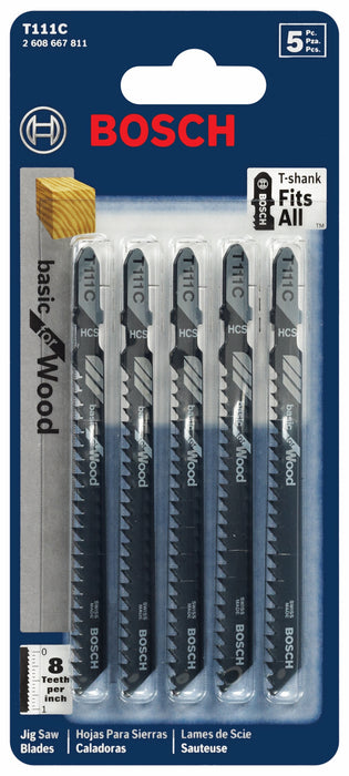 Bosch 5 pc. 4" 8 TPI Basic For Wood T-Shank Jig Saw Blades