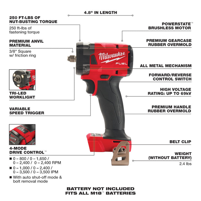 Milwaukee M18 FUEL Cordless 3/8" Compact Impact Wrench with Friction Ring - Tool Only