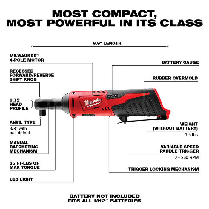 Milwaukee M12 Cordless 3/8" Ratchet - Tool Only