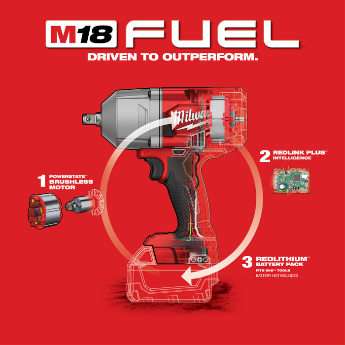 Milwaukee M18 FUEL Cordless 1/2" High Torque Impact Wrench with Pin Detent  - Tool Only