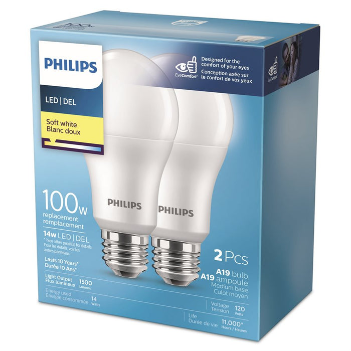 Philips 2PK A19 LED Light Bulb Soft White 14W