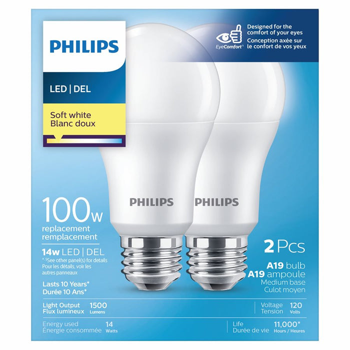 Philips 2PK A19 LED Light Bulb Soft White 14W