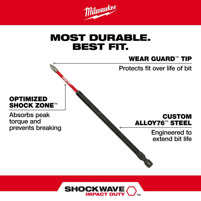 Milwaukee SHOCKWAVE 6" Impact Phillips #2 Power Bits 10PK