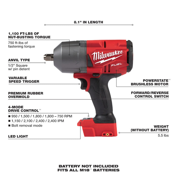 Milwaukee M18 FUEL Cordless 1/2" High Torque Impact Wrench with Pin Detent  - Tool Only