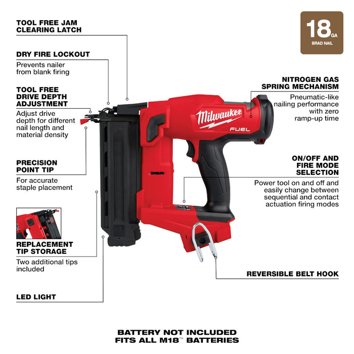 Milwaukee M18 FUEL Cordless 18 Gauge Brad Nailer  - Tool Only