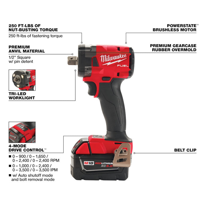 Milwaukee M18 FUEL™ 1/2" Compact Impact Wrench Kit w/ Pin Detent