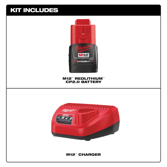 Milwaukee M12 REDLITHIUM 2.0Ah Battery and Charger Starter Kit