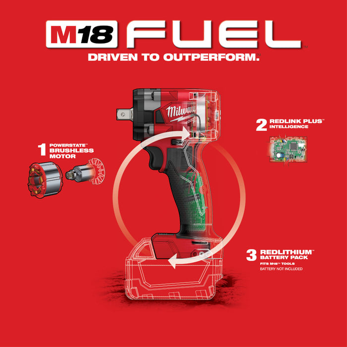 Milwaukee M18 FUEL Cordless 1/2" Compact Impact Wrench with Pin Detent - Tool Only