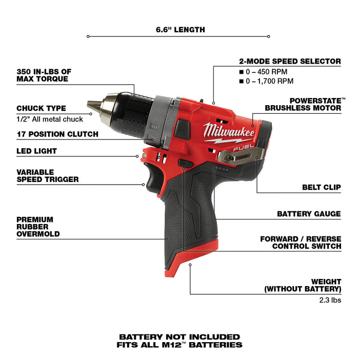 Milwaukee M12 FUEL Cordless 1/2" Drill Driver  - Tool Only