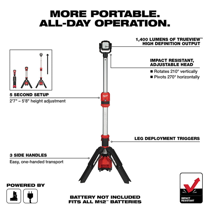 Milwaukee M12 Cordless ROCKET Dual Power Tower Light  - Tool Only