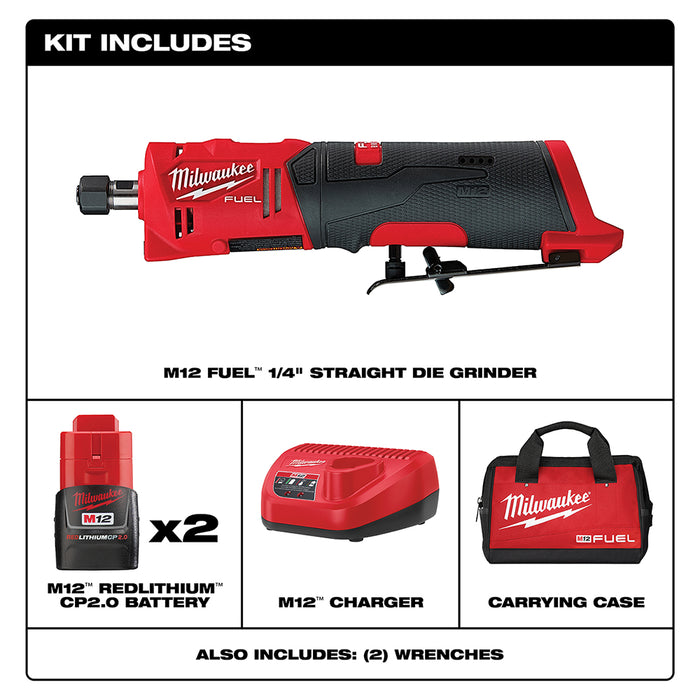 Milwaukee M12 FUEL 1/4" Straight Die Grinder 2 Battery Kit
