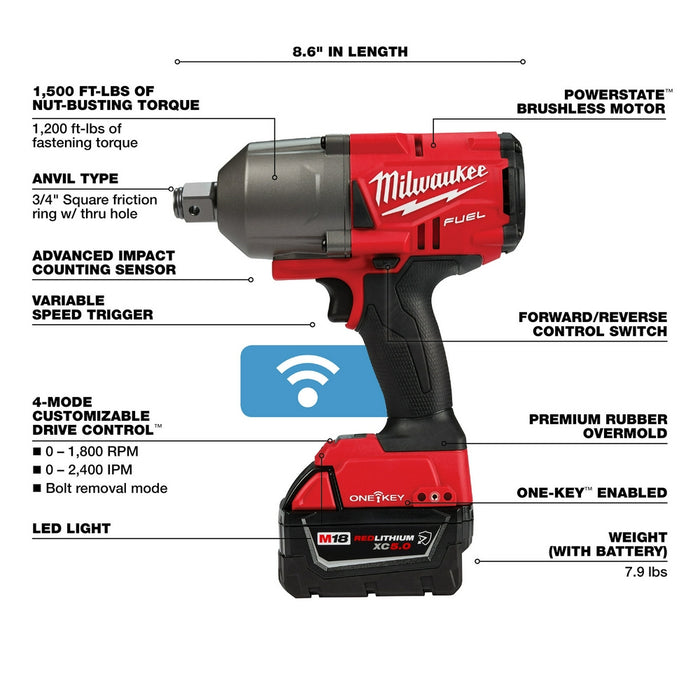 Milwaukee M18 FUEL Cordless 3/4" High Torque Impact Wrench Friction Ring Kit with 5.0 AH Resistant Batteries