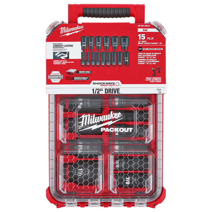 Milwaukee 15PC SHOCKWAVE Impact Duty PACKOUT 1/2" Drive Socket Set - SAE