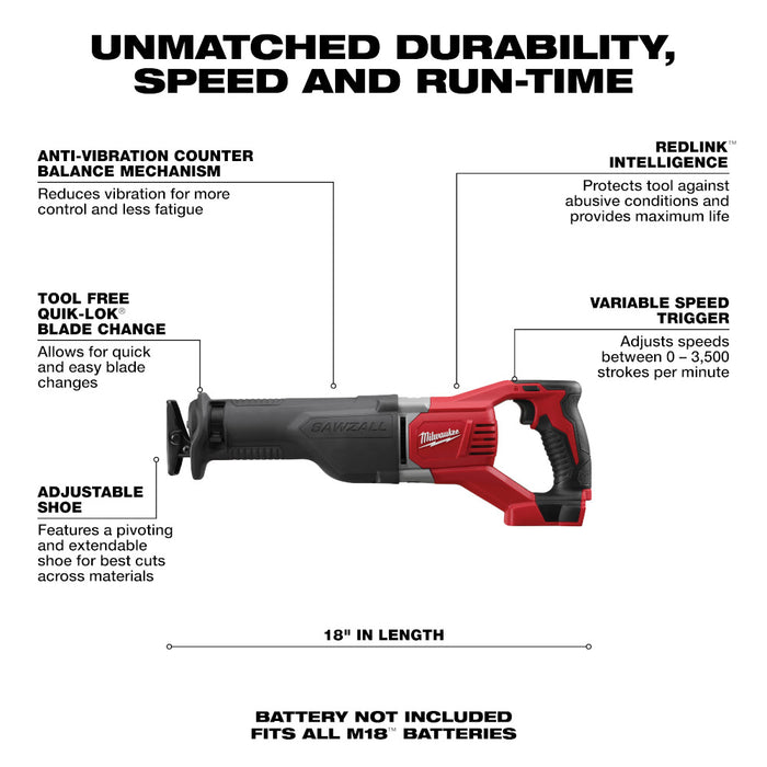 Milwaukee M18 Cordless SAWZALL Reciprocating Saw - Tool Only