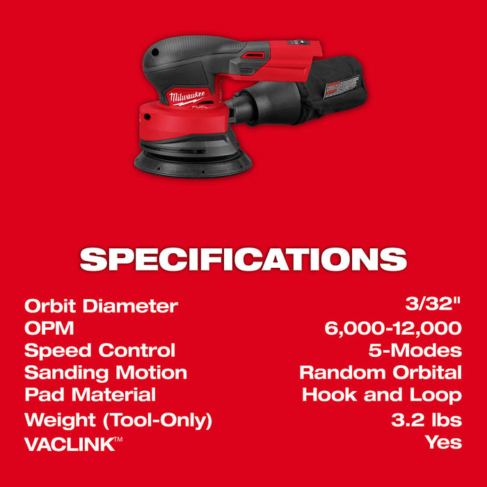 Milwaukee M18­ FUEL™ Cordless 5" Random Orbital Sander - Tool Only