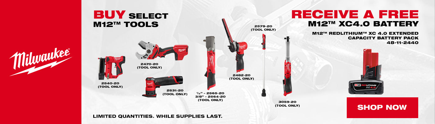 BUY SELECT M12 TOOLS RECEIVE A FREE M12 XC4.0 BATTERY 48 11 2440 09.23 10.31.2026 1400X400