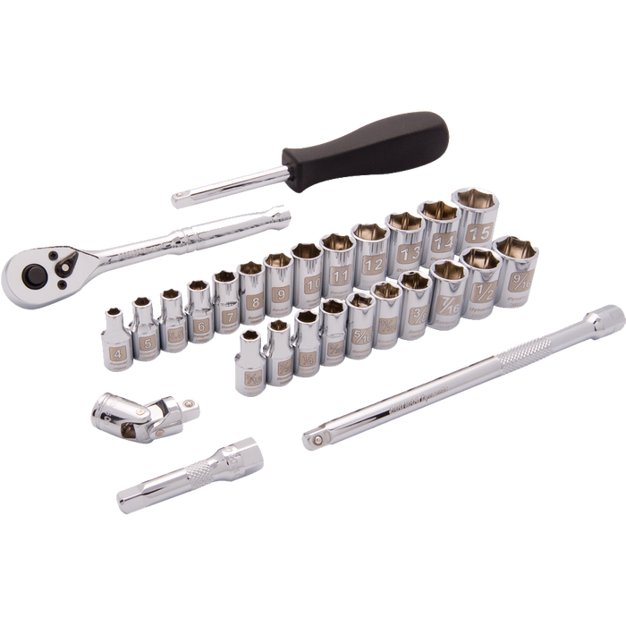 Dynamic 1/4" Drive, 28 Piece 6 Point Standard SAE/Metric Socket Set, 3/16" - 9/16", 4mm - 15mm