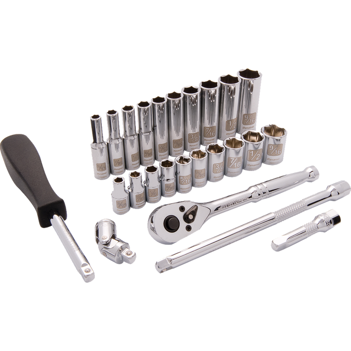 Dynamic 1/4" Drive, 25 Piece 6 Point Standard/Deep SAE Socket Set, 3/16" - 9/16"