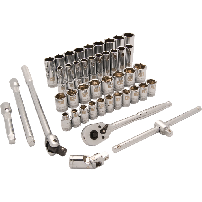 Dynamic 1/2" Drive, 43 Piece, 6 Point Standard/Deep Metric Socket Set, 10mm - 28mm