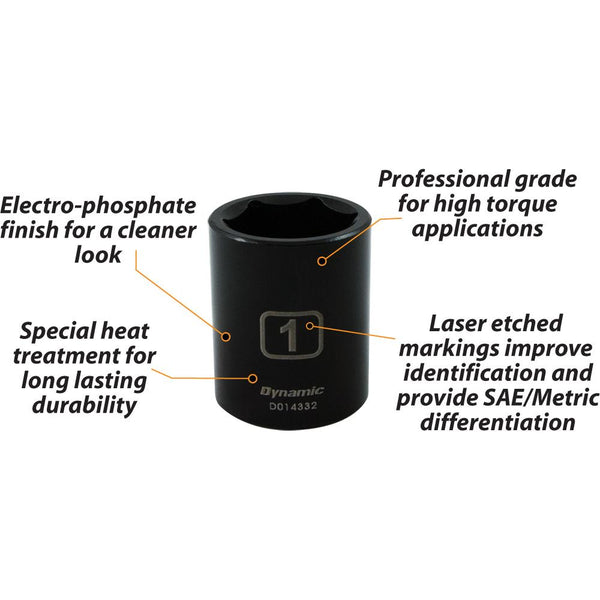 Dynamic 1/2" Drive, 6 Point Standard Length SAE Impact Sockets
