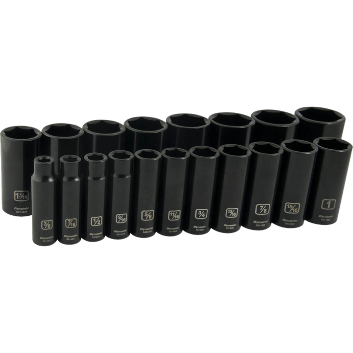 Dynamic 1/2 Drive, 19 Piece, 6 Point Deep SAE Impact Socket Set