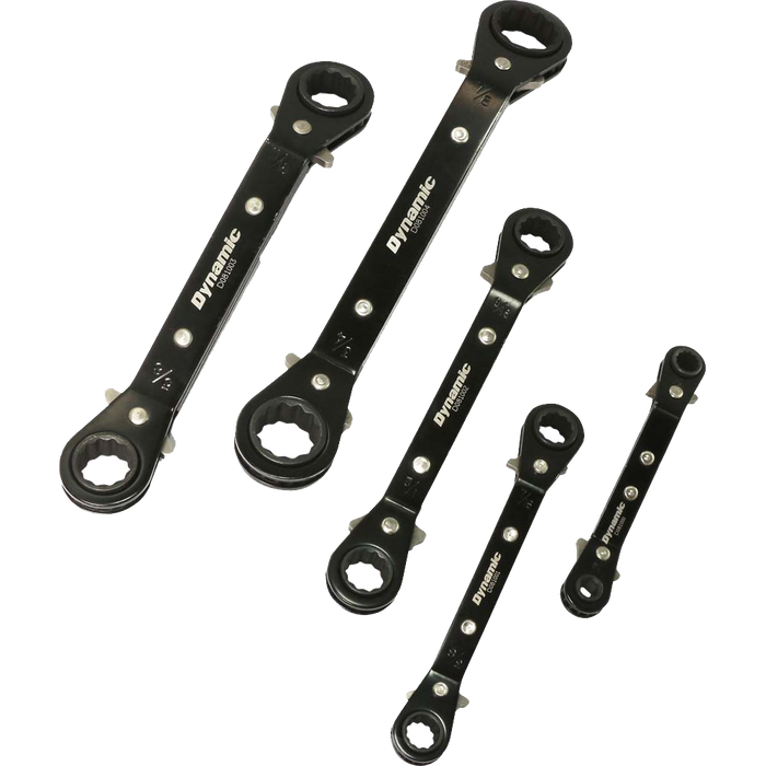 Dynamic 5 pc. SAE Double Box End 25° Offset Reversible Ratcheting Wrench Set