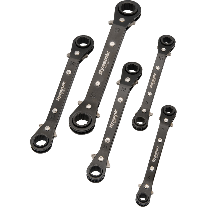 Dynamic 5 pc. Metric Double Box End 25° Offset Reversible Ratcheting Wrench Set