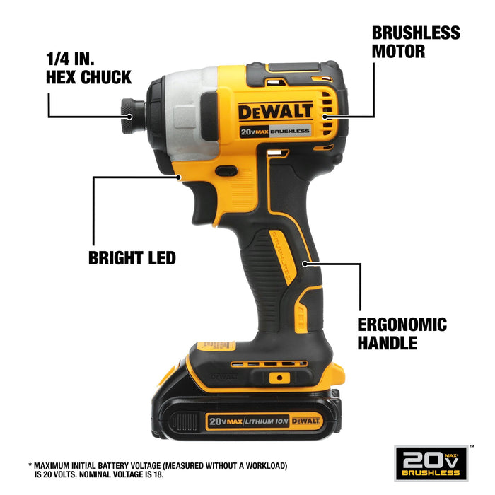 DeWalt 20V MAX Brushless 1/4" Cordless Impact Driver Kit