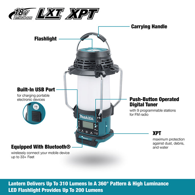 Makita 18V LXT Cordless Lantern Radio w/Bluetooth, XPT & Flashlight - Tool Only