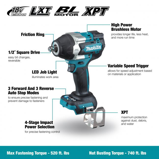 Makita 18V LXT Brushless 1/2" Impact Wrench w/Friction Ring - Tool Only
