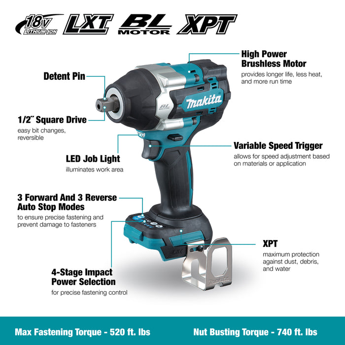 Makita 18V LXT 1/2" Brushless Impact Wrench w/ Round Pin - Tool Only