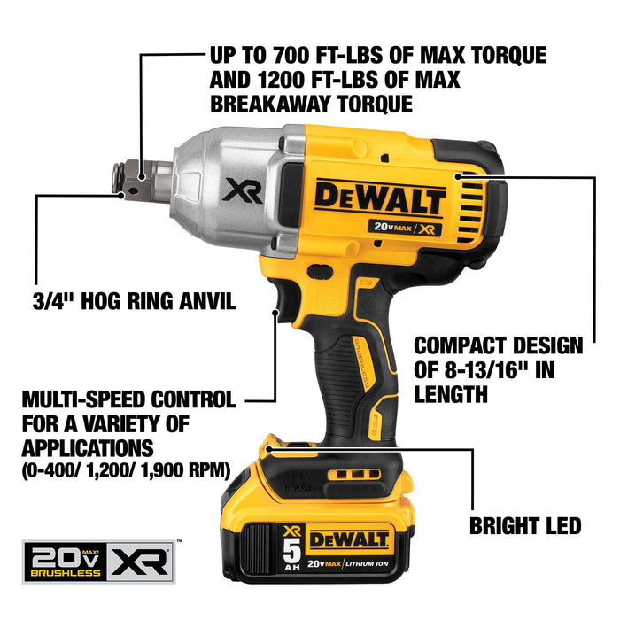 DeWalt 20V Brushless - 3/4" Impact Wrench Kit w/ Hog Ring (700 ft/lbs)