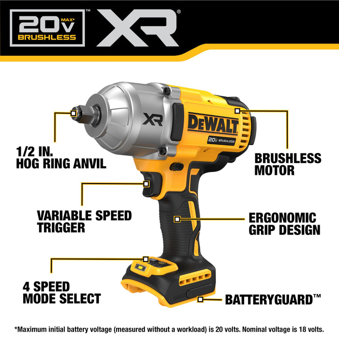 DeWalt 20V MAX XR 1/2" High Torque Impact Wrench w/ Hog Ring Anvil