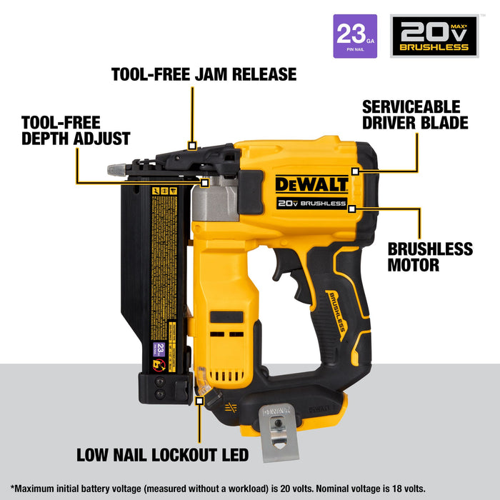 DeWalt 20V MAX Brushless Cordless 23 Gauge Pin Nailer - Tool Only