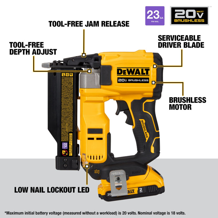 DeWalt 20V MAX Brushless Cordless 23 Gauge Pin Nailer Kit