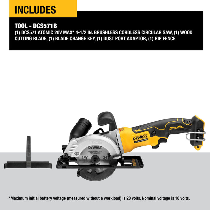 DeWalt ATOMIC 20V MAX Brushless 4-1/2" Cordless Circular Saw - Tool Only