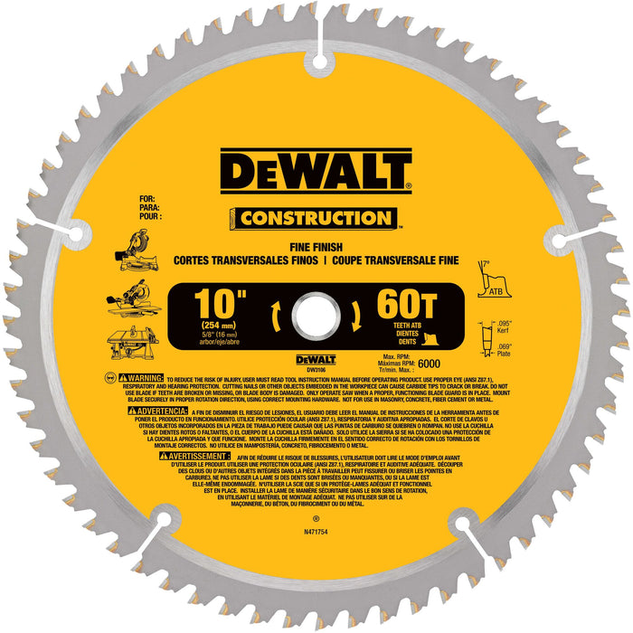 DeWalt 10" 60T Construction Mitre/Table Saw Blades