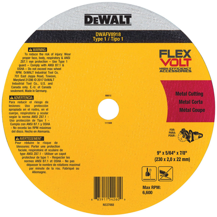 DeWalt FLEXVOLT® Ceramic Metal Cut-Off Wheel (Type 1) - 9" x 5/64" x 7/8"