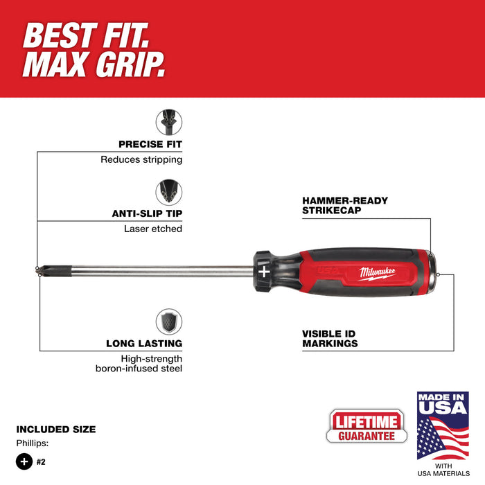 Milwaukee #2 Phillips 6" Cushion Grip Demolition Screwdriver (USA)