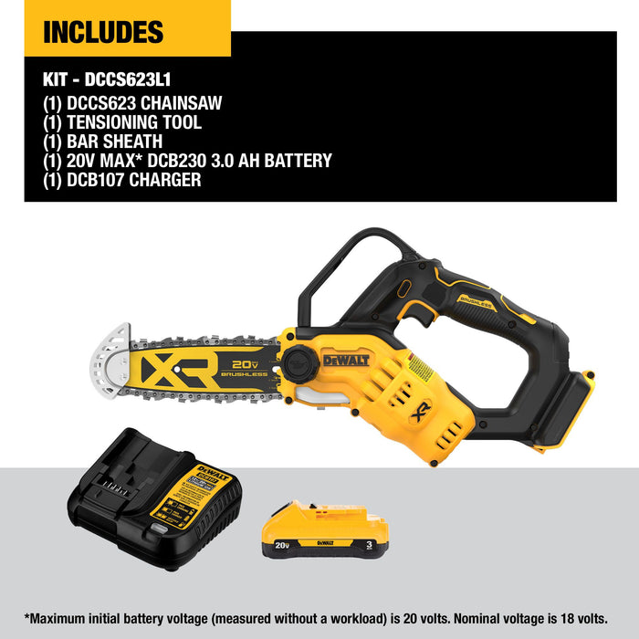 DeWalt 20V MAX XR® 8" Brushless Pruning Chainsaw Kit w/ 3Ah Battery