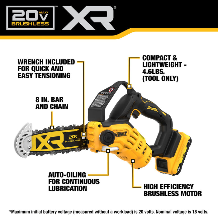 DeWalt 20V MAX XR® 8" Brushless Pruning Chainsaw Kit w/ 3Ah Battery