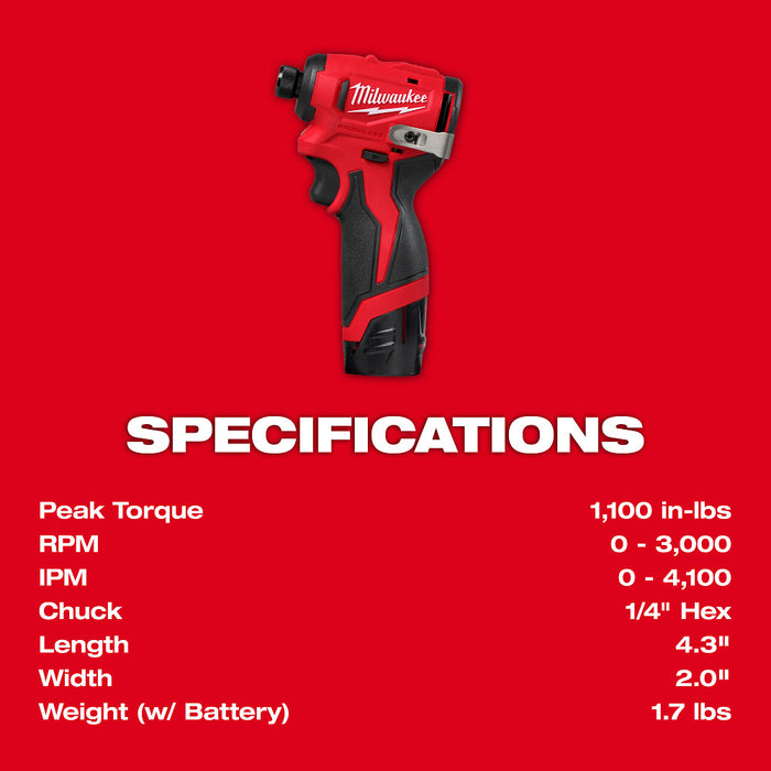 Milwaukee M12 Subcompact Brushless 1/4" Hex Impact Driver Kit