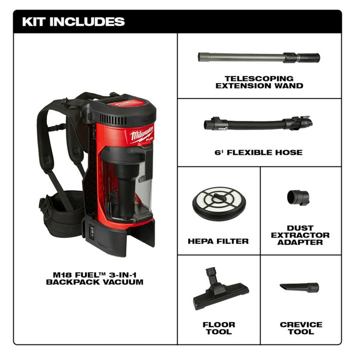 Milwaukee M18 FUEL Cordless 3-in-1 Backpack Vacuum - Tool Only